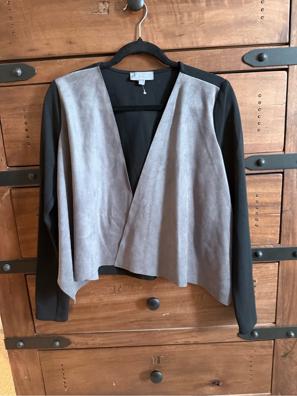 SIB - Two-Tone, Mixed fabric, Open Front Draped Jacket - Gray & Black - S